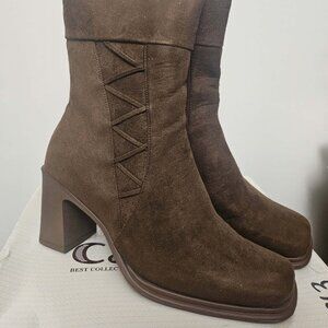 Brown Suede Heeled Square Toe Ankle Boots 7.5